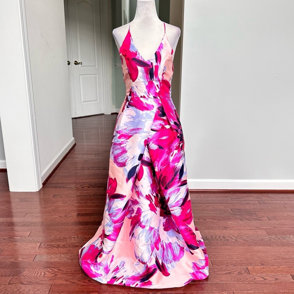 By By Plunge Pink Hues Strappy Feminine Elegant Floral Gala Pageant Gown Dress